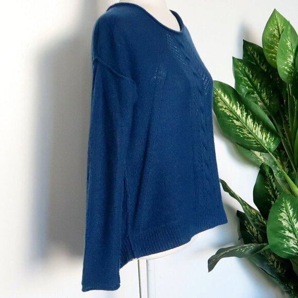 360 Cashmere Blue Cable & Open Knit Long Sleeve Boat Neck Sweater Pullover Small - Picture 5 of 12